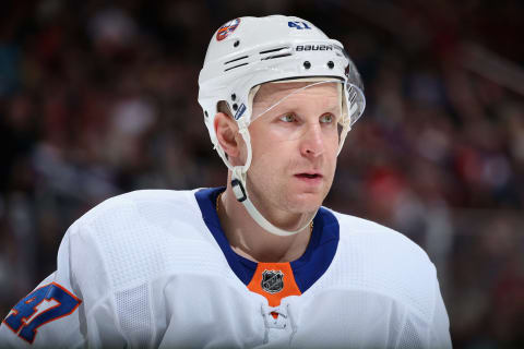 GLENDALE, ARIZONA – FEBRUARY 17: Leo Komarov #47 of the New York Islanders during the NHL game against the Arizona Coyotes at Gila River Arena on February 17, 2020 in Glendale, Arizona. The Coyotes defeated the Islanders 2-1. (Photo by Christian Petersen/Getty Images)