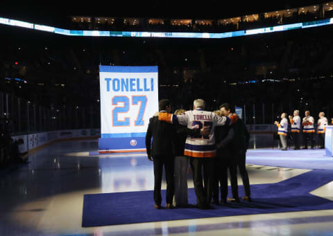 UNIONDALE, NEW YORK – FEBRUARY 21: John Tonelli takes part in a ceremony honoring his career with the New York Islanders that saw his jersey retired and raised to the rafters of NYCB Live’s Nassau Coliseum on February 21, 2020 in Uniondale, New York. (Photo by Bruce Bennett/Getty Images)