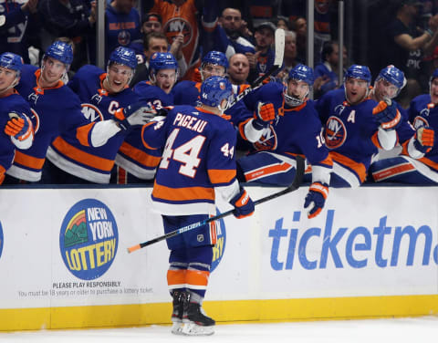 NEW YORK, NEW YORK – FEBRUARY 25: Jean-Gabriel Pageau #44 of the New York Islanders scores at 17:04 of the second period against the New York Rangers at NYCB Live’s Nassau Coliseum on February 25, 2020 in Uniondale, New York. (Photo by Bruce Bennett/Getty Images)