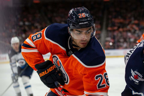 Andreas Athanasiou #28 of the Edmonton Oilers (Photo by Codie McLachlan/Getty Images)