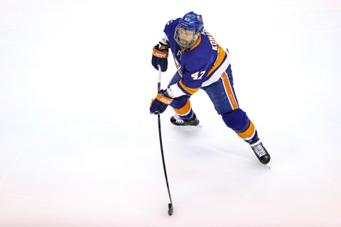 TORONTO, ONTARIO – AUGUST 29: Leo Komarov #47 of the New York Islanders skates with the puck against the Philadelphia Flyers during the first period in Game Three of the Eastern Conference Second Round during the 2020 NHL Stanley Cup Playoffs at Scotiabank Arena on August 29, 2020 in Toronto, Ontario. (Photo by Elsa/Getty Images)