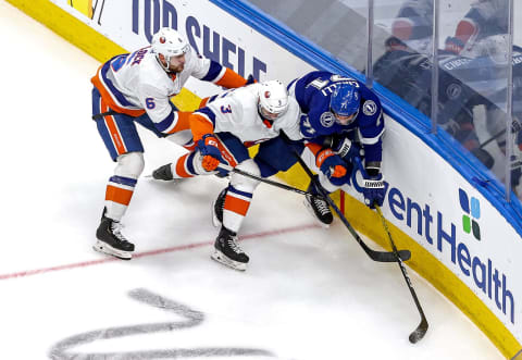 Adam Pelech #3 and Ryan Pulock #6 of the New York Islanders. (Photo by Bruce Bennett/Getty Images)