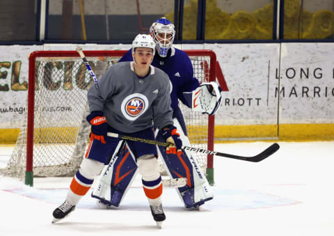 EAST MEADOW, NEW YORK – JANUARY 04: Dmytro Timashov #41 of the New York Islanders practices during training camp at Northwell Health Ice Center at Eisenhower Park on January 04, 2021 in East Meadow, New York. (Photo by Bruce Bennett/Getty Images)