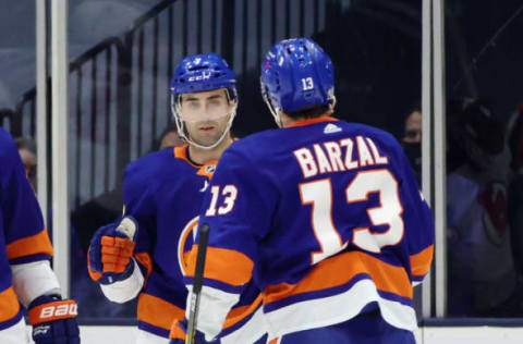 Jordan Eberle #7 of the New York Islanders celebrates his second goal (Photo by Bruce Bennett/Getty Images)