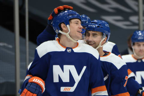 Matt Martin #17 and Jordan Eberle #7 of the New York Islanders. (Photo by Bruce Bennett/Getty Images)