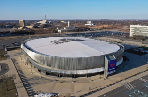 UNIONDALE, NEW YORK – MARCH 09: In an aerial view from a drone, this is a general view of the Nassau Coliseum prior to the game between the New York Islanders and the Boston Bruins on March 09, 2021 in Uniondale, New York. (Photo by Bruce Bennett/Getty Images)