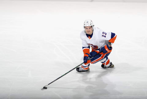 Mathew Barzal #13 of the New York Islanders skates. (Photo by Bruce Bennett/Getty Images)