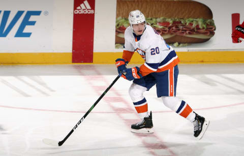 NEWARK, NEW JERSEY – MARCH 14: Kieffer Bellows #20 of the New York Islanders skates against the New Jersey Devils at the Prudential Center on March 14, 2021 in Newark, New Jersey. (Photo by Bruce Bennett/Getty Images)