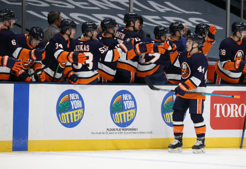 Jean-Gabriel Pageau #44 of the New York Islanders celebrates his goal in the first period against the Philadelphia Flyers. (Photo by Al Bello/Getty Images)