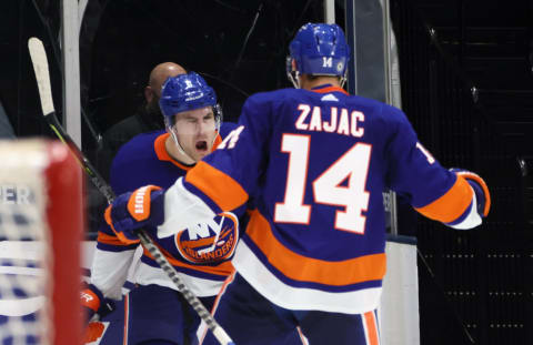 Ryan Pulock #6 of the New York Islanders celebrates his game-winning overtime goal against the New York Rangers.. (Photo by Bruce Bennett/Getty Images)