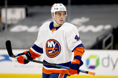 BOSTON, MASSACHUSETTS – APRIL 15: Jean-Gabriel Pageau #44 of the New York Islanders looks on during the first period against the Boston Bruins at TD Garden on April 15, 2021 in Boston, Massachusetts. (Photo by Maddie Meyer/Getty Images)