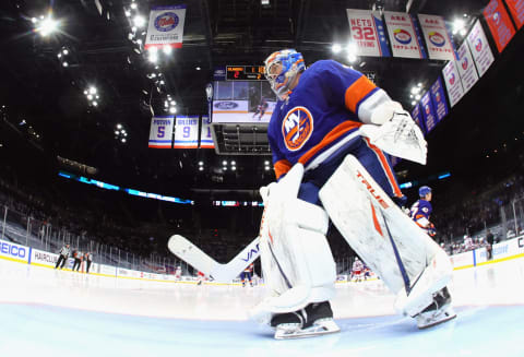 UNIONDALE, NEW YORK – MAY 01: Semyon Varlamov #40 of the New York Islanders skates against the New York Rangers at the Nassau Coliseum on May 01, 2021 in Uniondale, New York. (Photo by Bruce Bennett/Getty Images)