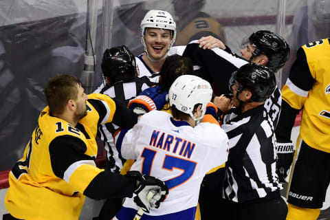 Scott Mayfield #24 of the New York Islanders smiles as the New York Islanders. (Photo by Emilee Chinn/Getty Images)