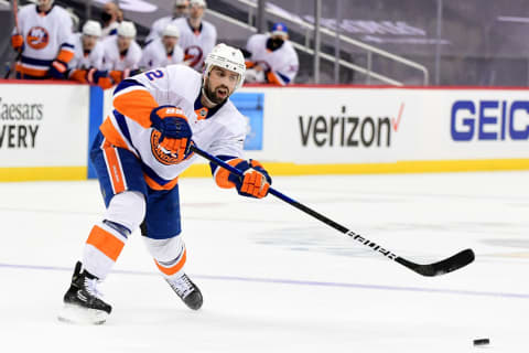 PITTSBURGH, PENNSYLVANIA – MAY 18: Nick Leddy #2 of the New York Islanders makes a pass against the Pittsburgh Penguins during the third period in Game Two of the First Round of the 2021 Stanley Cup Playoffs at PPG PAINTS Arena on May 18, 2021 in Pittsburgh, Pennsylvania. The Pittsburgh Penguins won 2-1. (Photo by Emilee Chinn/Getty Images)