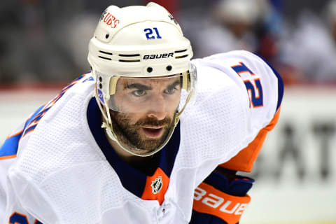 PITTSBURGH, PENNSYLVANIA – MAY 24: Kyle Palmieri #21 of the New York Islanders looks on against the Pittsburgh Penguins during the first period in Game Five of the First Round of the 2021 Stanley Cup Playoffs at PPG PAINTS Arena on May 24, 2021 in Pittsburgh, Pennsylvania. (Photo by Emilee Chinn/Getty Images)