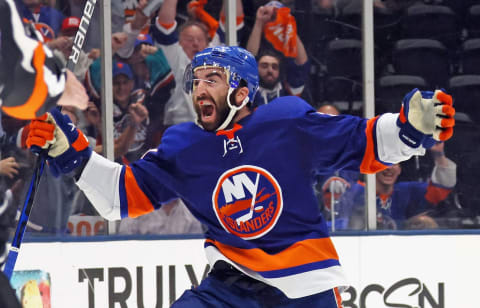 UNIONDALE, NEW YORK – JUNE 09: Kyle Palmieri #21 of the New York Islanders scores at 16:07 of the second period against Tuukka Rask #40 of the Boston Bruins in Game Six of the Second Round of the 2021 NHL Stanley Cup Playoffs at the Nassau Coliseum on June 09, 2021 in Uniondale, New York. (Photo by Bruce Bennett/Getty Images)