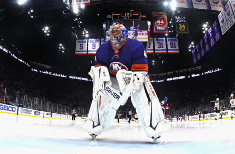 Semyon Varlamov #40 of the New York Islanders skates against the Boston Bruins in Game Six of the Second Round of the 2021 NHL Stanley Cup Playoffs. (Photo by Bruce Bennett/Getty Images)