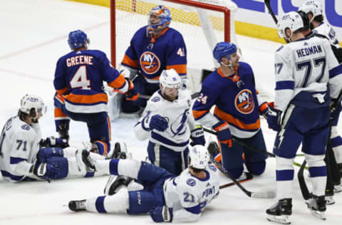 Brayden Point #21 of the Tampa Bay Lightning after scoring a goal past Semyon Varlamov #40 of the New York Islanders. (Photo by Elsa/Getty Images)