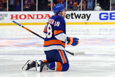 Anthony Beauvillier #18 of the New York Islanders celebrates after scoring the game-winning goal during the first overtime period against the Tampa Bay Lightning in Game Six of the Stanley Cup Semifinals. (Photo by Bruce Bennett/Getty Images)