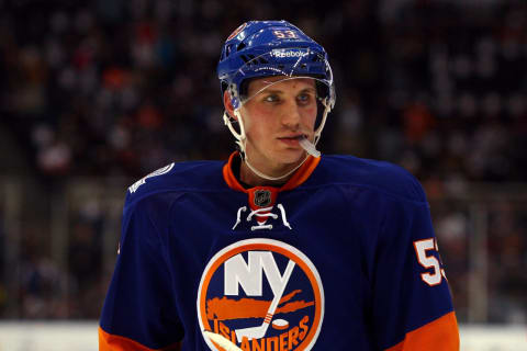 UNIONDALE, NY – MARCH 29: Casey Cizikas #53 of the New York Islanders looks on against the Pittsburgh Penguins at Nassau Veterans Memorial Coliseum on March 29, 2012 in Uniondale, New York. (Photo by Chris Chambers/Getty Images)