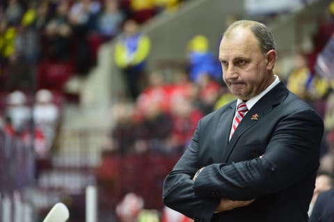 Canada’s coach Brent Sutter reacts on the final whistle of the World Junior Ice Hockey Championships semifinal between Canada and Finland at Malmo Arena in Malmo, Sweden on January 4, 2014. Canada lost the match 1-5 and plays the bronze match on January 5. AFP PHOTO / TT NEWS AGENCY / LUDVIG THUNMAN +++ SWEDEN OUT (Photo credit should read LUDVIG THUNMAN/AFP via Getty Images)