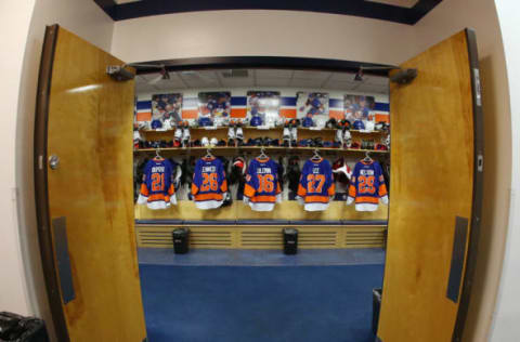 UNIONDALE, NY – APRIL 11: A general view of the New York Islanders locker room as photographed prior to the final regular season game at the Nassau Veterans Memorial Coliseum on April 11, 2015 in Uniondale, New York. This is the last regular season game to be played in the building as it stands now. The team will relocate to the Barclay’s Center in the Brooklyn borough of New York City starting in the 2015-16 season. (Photo by Bruce Bennett/Getty Images)