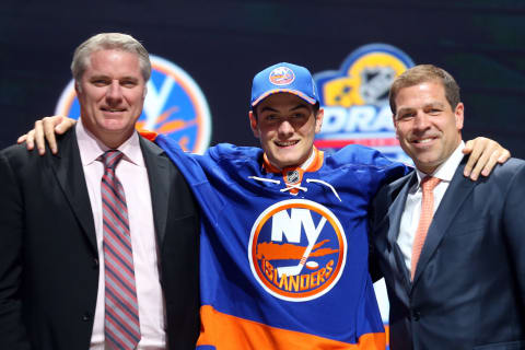 SUNRISE, FL – JUNE 26: Mathew Barzal poses after being selected 16th overall by the New York Islanders in the first round of the 2015 NHL Draft at BB&T Center on June 26, 2015 in Sunrise, Florida. (Photo by Bruce Bennett/Getty Images)