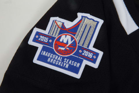 SYOSSET, NY – SEPTEMBER 15: The Brooklyn inaugural season patch on the New York Islanders third uniform is photographed during a session on September 15, 2015 at Islanders Iceworks in Syosset, New York. (Photo by Bruce Bennett/Getty Images)