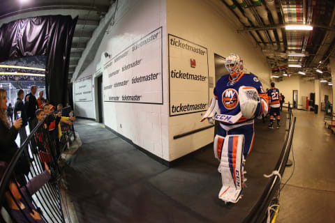 Jean-Francois Berube #30 of the New York Islanders (Photo by Bruce Bennett/Getty Images)