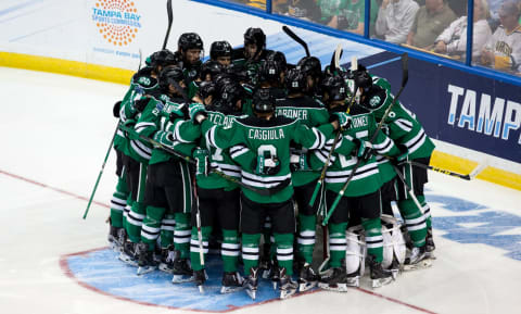TAMPA, FL – APRIL 9: The North Dakota Fighting Hawks huddle before a game against the Quinnipiac University Bobcats the 2016 NCAA Division I Men’s Hockey Frozen Four Championship final at the Amaile Arena on April 9, 2016 in Tampa, Florida. The Fighting Hawks won 5-1. (Photo by Richard T Gagnon/Getty Images) *** Local Caption ***