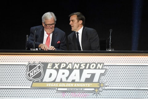 LAS VEGAS, NV – JUNE 21: Majority owner Bill Foley and general manager George McPhee of the Vegas Golden Knights annouce their picks during the 2017 NHL Awards and Expansion Draft at T-Mobile Arena on June 21, 2017 in Las Vegas, Nevada. (Photo by Ethan Miller/Getty Images)