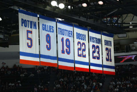 UNIONDALE, NY – MARCH 31: The New York Islanders retired jerseys hang in the rafters before the game against the Ottawa Senators on March 31, 2007 at Nassau Coliseum in Uniondale, New York. The Senators won 5-2. (Photo by Bruce Bennett/Getty Images)