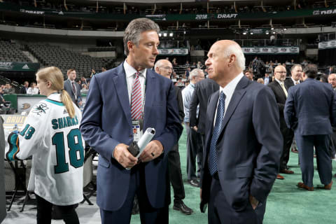 DALLAS, TX – JUNE 22: (l-r) Doug Wilson of the San Jose Sharks and Lou Lamoriello of the New York Islanders chat prior to the first round of the 2018 NHL Draft at American Airlines Center on June 22, 2018 in Dallas, Texas. (Photo by Bruce Bennett/Getty Images)