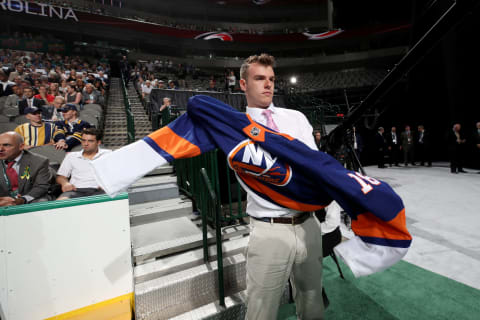 DALLAS, TX – JUNE 23: Bode Wilde reacts after being selected 41st overall by the New York Islanders during the 2018 NHL Draft at American Airlines Center on June 23, 2018 in Dallas, Texas. (Photo by Bruce Bennett/Getty Images)