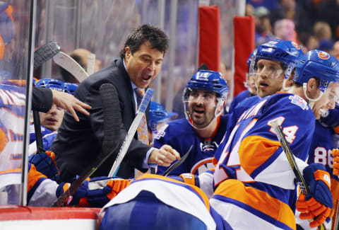 NEW YORK, NY – MARCH 14: Jack Capuano of the New York Islanders gives players instructions in the final minutes of the game against the Florida Panthers at the Barclays Center on March 14, 2016 in the Brooklyn borough of New York City. The Islanders defeated the Panthers 3-2. (Photo by Bruce Bennett/Getty Images)