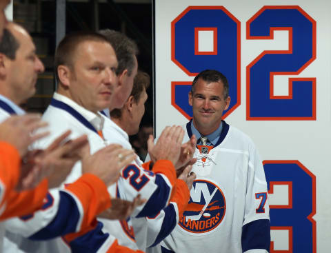 UNIONDALE, NY – OCTOBER 29: Pierre Turgeon returns to the ice as the New York Islanders celebrate their 1992-1993 team prior to the game against the San Jose Sharks Nassau Veterans Memorial Coliseum on October 29, 2011 in Uniondale, New York. (Photo by Bruce Bennett/Getty Images)
