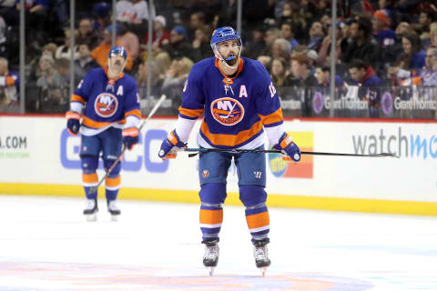 NEW YORK, NY – FEBRUARY 13: Andrew Ladd #16 of the New York Islanders reacts in the second period against the Columbus Blue Jackets during their game at Barclays Center on February 13, 2018 in the Brooklyn borough of New York City. (Photo by Abbie Parr/Getty Images)