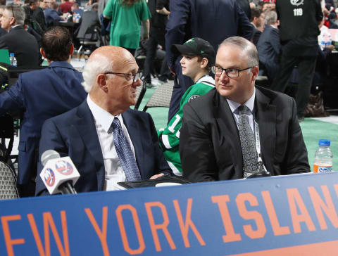 DALLAS, TX – JUNE 23: (l-r) Lou and Chris Lamoriello of the New York Islanders attend the 2018 NHL Draft at American Airlines Center on June 23, 2018 in Dallas, Texas. (Photo by Bruce Bennett/Getty Images)