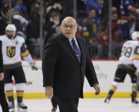 NEW YORK, NEW YORK – DECEMBER 12: Barry Trotz of the New York Islanders leaves the ice following a loss to the Vegas Golden Knights at the Barclays Center on December 12, 2018 in the Brooklyn borough of New York City. (Photo by Bruce Bennett/Getty Images)