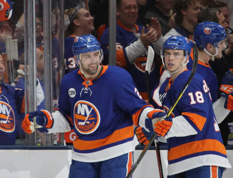 Nick Leddy #2 of the New York Islanders celebrates his goal against the Pittsburgh Penguins. (Photo by Bruce Bennett/Getty Images)