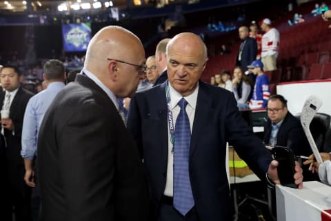 Barry Trotz and Lou Lamoriello of the New Your Islanders (Photo by Bruce Bennett/Getty Images)