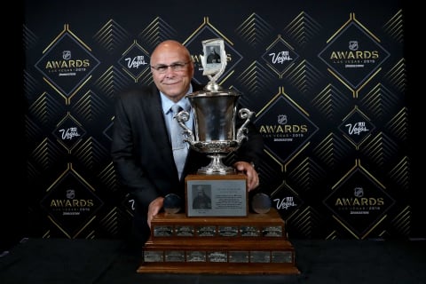 LAS VEGAS, NEVADA – JUNE 19: Head coach Barry Trotz of the New York Islanders poses with the Jack Adams Award presented to the NHL coach adjudged to have contributed the most to his team’s success during the 2019 NHL Awards at the Mandalay Bay Events Center on June 19, 2019 in Las Vegas, Nevada. (Photo by Bruce Bennett/Getty Images)