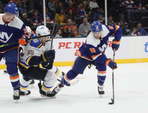UNIONDALE, NEW YORK – OCTOBER 14: Oliver Wahlstrom #26 of the New York Islanders skates in his first NHL game against the St. Louis Blues at NYCB Live’s Nassau Coliseum on October 14, 2019 in Uniondale, New York. (Photo by Bruce Bennett/Getty Images)