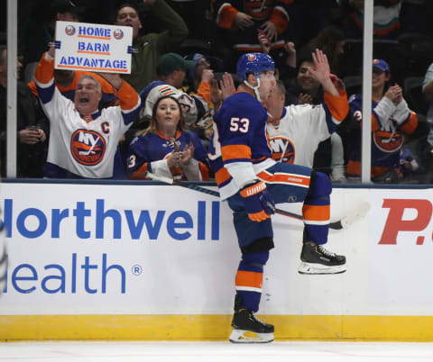 UNIONDALE, NEW YORK – DECEMBER 17: Casey Cizikas #53 of the New York Islanders celebrates his short-handed goal at 8:11 of the second period against the Nashville Predators at NYCB Live’s Nassau Coliseum on December 17, 2019 in Uniondale, New York. (Photo by Bruce Bennett/Getty Images)