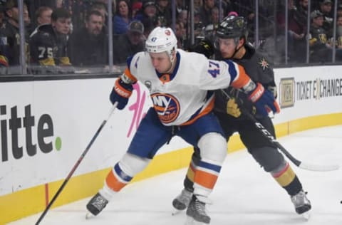 LAS VEGAS, NEVADA – DECEMBER 20: Leo Komarov #47 of the New York Islanders skates with the puck against Nate Schmidt #88 of the Vegas Golden Knights in the third period of their game at T-Mobile Arena on December 20, 2018 in Las Vegas, Nevada. The Golden Knights defeated the Islanders 4-2. (Photo by Ethan Miller/Getty Images)