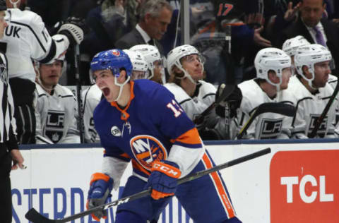 UNIONDALE, NEW YORK – FEBRUARY 02: Mathew Barzal #13 of the New York Islanders celebrates his goal at 13:46 of the third period against the Los Angeles Kings at NYCB Live’s Nassau Coliseum on February 02, 2019 in Uniondale, New York. The Islanders defeated the Kings 4-2. (Photo by Bruce Bennett/Getty Images)