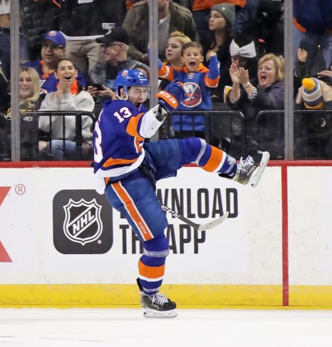 NEW YORK, NEW YORK – JANUARY 11: Mathew Barzal #13 of the New York Islanders celebrates is goal at 9:33 of the third period against the Boston Bruins at the Barclays Center on January 11, 2020 in the Brooklyn borough of New York City. (Photo by Bruce Bennett/Getty Images)