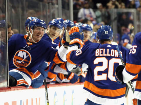 NEW YORK, NEW YORK – FEBRUARY 06: Kieffer Bellows #20 of the New York Islanders celebrates his first NHL goal against the Los Angeles Kings at 10:22 of the second period at the Barclays Center on February 06, 2020 in the Brooklyn borough of New York City. (Photo by Bruce Bennett/Getty Images)