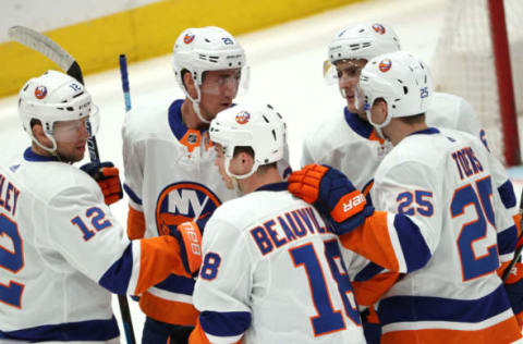 WASHINGTON, DC – FEBRUARY 10: Anthony Beauvillier #18 of the New York Islanders celebrates his first goal during the first period against the Washington Capitals at Capital One Arena on February 10, 2020 in Washington, DC. (Photo by Patrick Smith/Getty Images)