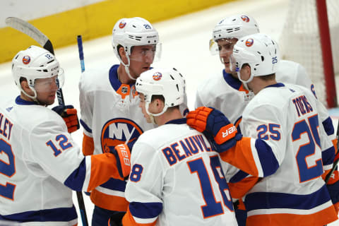 WASHINGTON, DC – FEBRUARY 10: Anthony Beauvillier #18 of the New York Islanders celebrates his first goal during the first period against the Washington Capitals at Capital One Arena on February 10, 2020 in Washington, DC. (Photo by Patrick Smith/Getty Images)